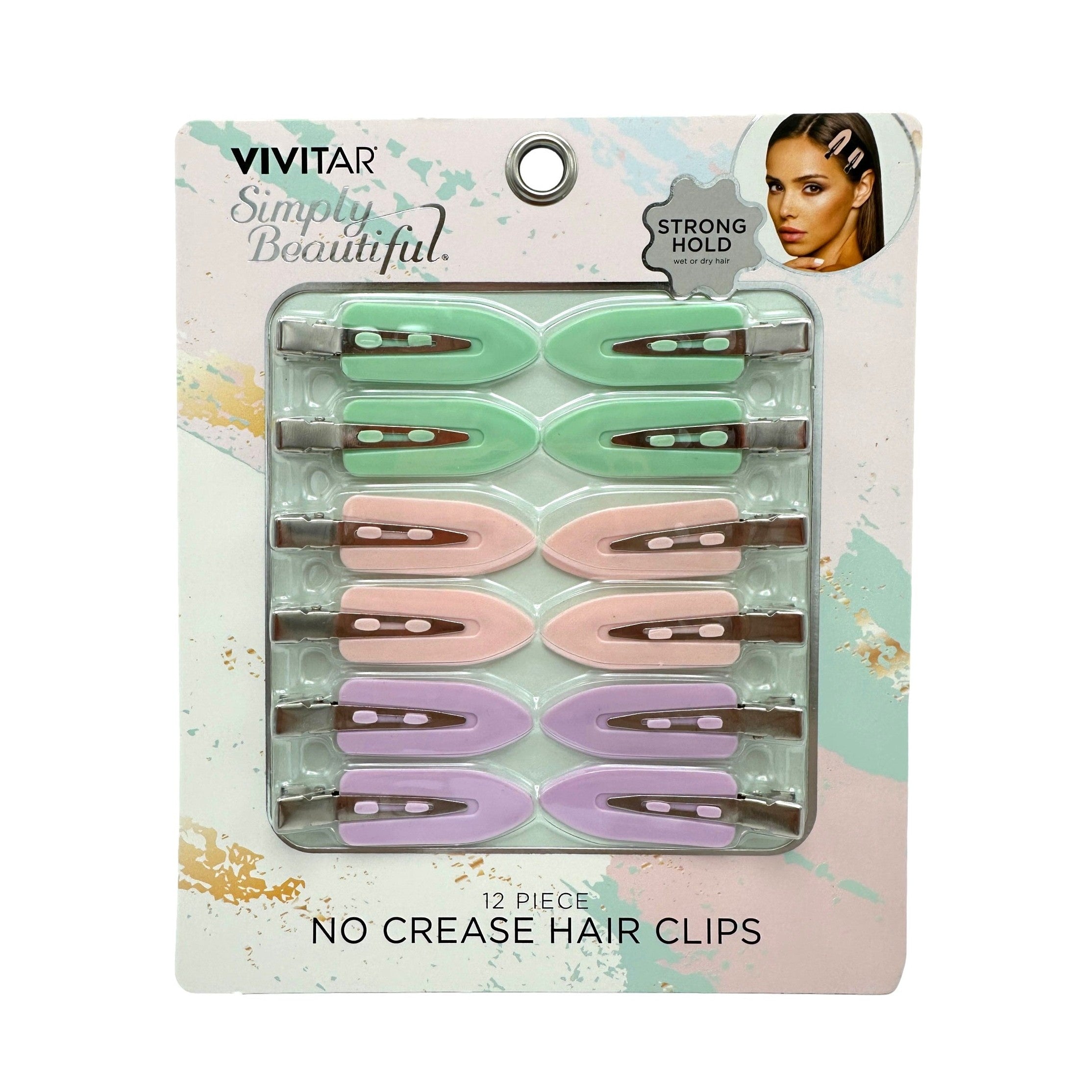 Pastel-colored no-crease hair clips in packaging with a model demonstrating their use.